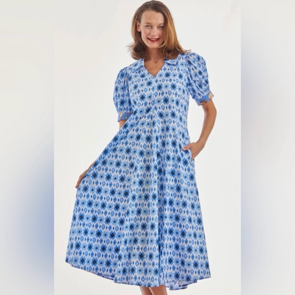 Large DIZZY LIZZIE MONTAUK IKAT MIDI DRESS - BLUE